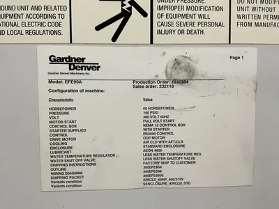 Used GARDNER DENVER EFE99A Rotary Screw & Sliding Vane Air Compressors Ohio US | HGR 24 #1404884