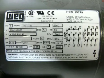 USED WEG 00156ES3EB56C 1.5 HP MOTOR VERTICAL MAGNETIC DRIVE