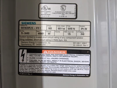 Siemens SX316C20PL10-STD1 1600 Amp Bus Duct 10'