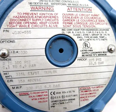 NEW UNITED ELECTRIC J120-555 PRESSURE SWITCH 2 TO 100 PSI J120555