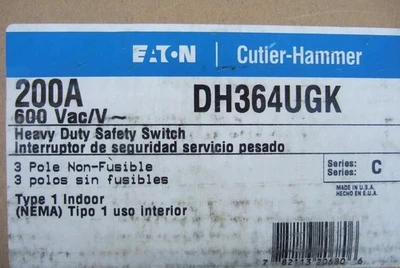 DH364UGK Cutler-Hammer Eaton 200 Amp Heavy Duty Safety Switch 3 Pole 200A 600V