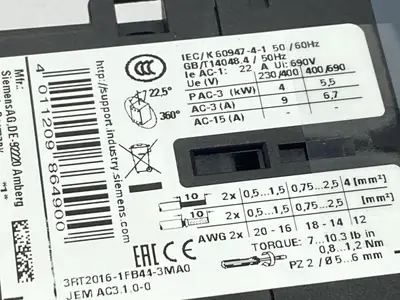 3RT2016-1FB44-3MA0 | Siemens  Power Contactor 2NO 2NC 3-Pole 9A 4kW 24VDC - New Other