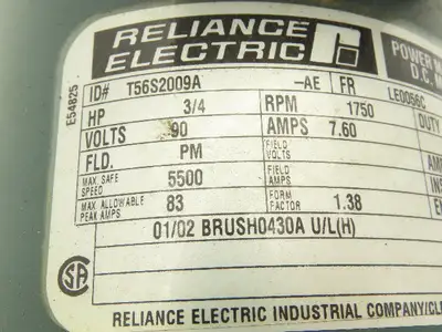 Reliance Electric T56S2009A 90V DC Motor 3/4Hp 7.6A 1750 RPM 56C TEFC