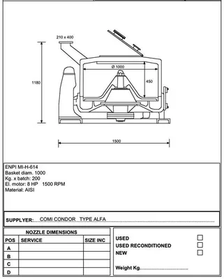 Comi-Condor Alfa 1000mm solid basket centrifuge, 316SS.