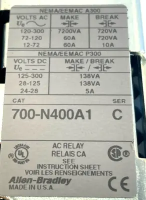 ALLEN BRADLEY 700-N400A1 CONTROL RELAY SER. C 700N400A1 NEW, SURPLUS