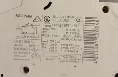 Eaton FAZ-C1/2 - NA Circuit Breaker 2pole Unit (BIN 3.5.2)