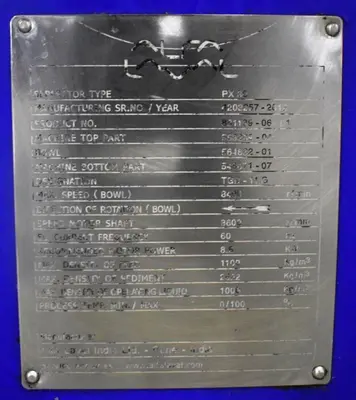 Alfa-Laval PX 30 fatty oil separator, 316SS.