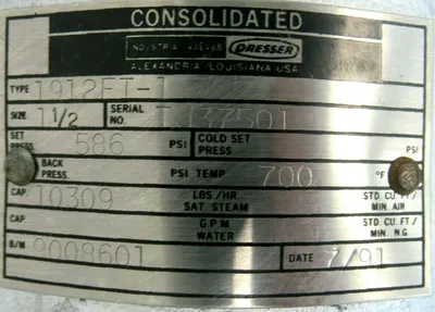 REFURBISHED CONSOLIDATED DRESSER 1912FT-1 SAFETY VALVE 1-1/2" 586PSI 1912FT1