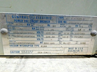 Used GE VB 7.2-500-3 Circuit Breakers Ohio US | Equipment Recovery Corp. #1331720