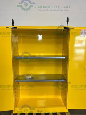 USED JUSTRITE 45 GALLON FLAMMABLE LIQUID STORAGE CABINET W/ SOFT CLOSE DOORS, KEYS