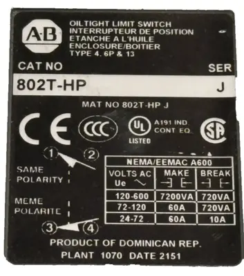 ALLEN BRADLEY 802T-HP LIMIT SWITCH SER.J 802THP NEW SURPLUS