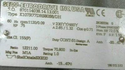 NEW SEW EURODRIVE K107R77DRS80S6/DH GEARMOTOR RATIO 12211:1 3/4HP 3-5/8" DIA.