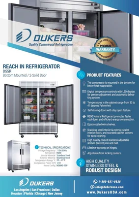 New | in-Stock Dukers New Dukers D55R Stainless Steel Solid 2-Door Commercial Reach-in Refrigerator Refrigerators Illinois US | Falcon Restaurant Supply #1376292