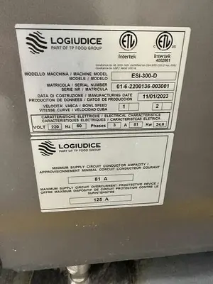 USED 2023 LOGIUDICE/WELL BAKE LOGIUDICE ESI 300 D BOWL MIXER /LOGIUDICE SPR-3002600 BOWL DUMP/PRE SHEETER MODEL ADS900