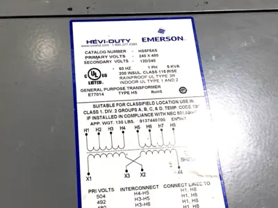 HS5F5AS | Emerson Sola Hevi-Duty  Automation Transformer 5KVA 240X480-120/240 1PH - Used
