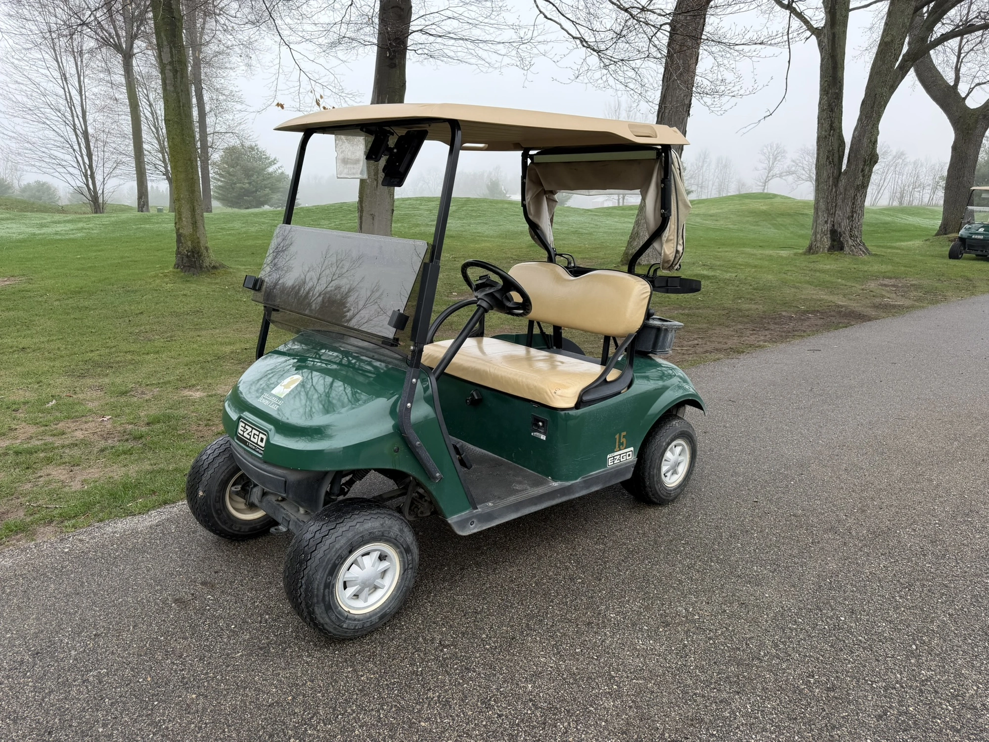 (1) 2015 E-Z-Go golf cart with a Kawasaki gas engine, includes Club canopy, ball washer, fold-down w...