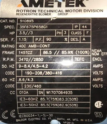 USED AMETEK AMETEK REGENERATIVE BLOWER 3.5 HP TEFC 3 PH 230 / 460 V CAT# 51895 RPM