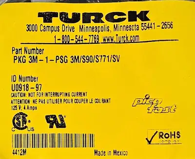 Used Turck PKG 3M-1-PSG 3M/S9O/S771/SV Cable & Wire South Carolina US | Palmetto Automation #1159581