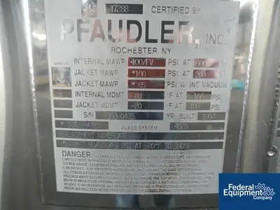 USED Pfaudler 200 Gal Pfaudler Reactor Body, 100/80#