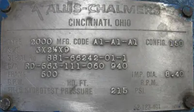 REFURBISHED ALLIS CHALMERS 2000 PUMP 3×2.5×9 A-C 2000 FRAME 500