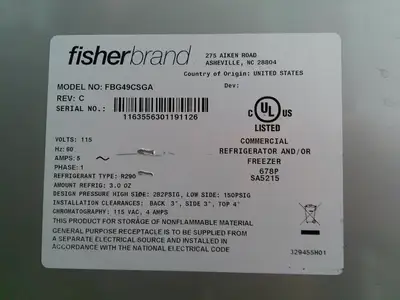 FisherBrand FBG49CSGA Isotemp Glass Double Door Laboratory Refrigerator  49Cf