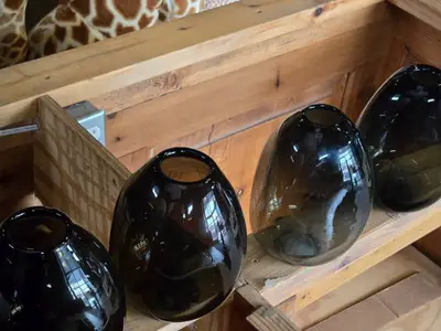 Lot of (4) Handblown Art Glass Table Vases by Holmegaard 6" x 7" (black) (rounded triangle)