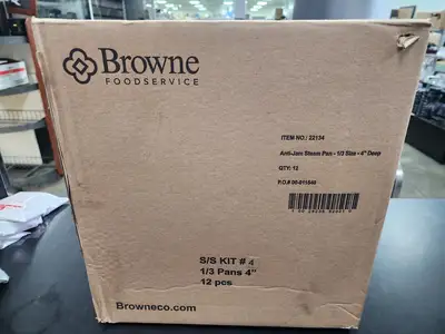 New | in-Stock Browne New Browne 22134 - Stainless Steel Steam Table Food Pan, 1/3 size 4" deep Steam Pans Illinois US | Falcon Restaurant Supply #1375627
