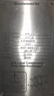 SPC6291  Heat Exchanger 40.26 sq.ft. Alfa Laval plate heat exchanger, Stainless Steel Contact Parts