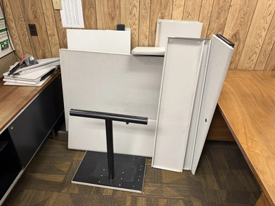 Contents of office furniture, includes (1) 78" wooden desk, (1) credenza, 74" x 18.5", and (2) woode...