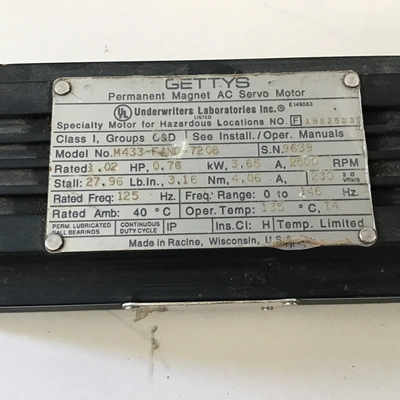 Gettys M433-F-AN0-7208 Permanent Magnet AC Servo Motor 1/2″ Shaft Rated 1.02 RPM 2500