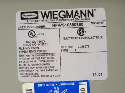 Wiegmann HFWS10350860 Electrical Enclosure JIC 14x12x6" NEMA Type 1