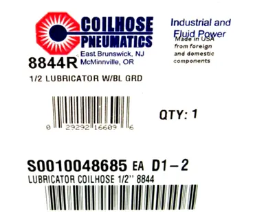NEW COILHOSE PNEUMATICS 8844R 1/2" LUBRICATOR W/ BL GRD