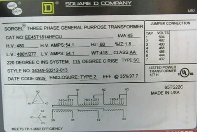 NEW SQUARE D EE45T1814HFCU TRANSFORMER H-480 L-277V 45KVA