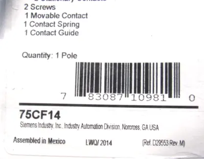 LOT OF 2 NEW SIEMENS 75CF14 CONTACT KIT 1 POLE SIZE 0