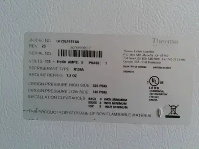 Thermo Scientific GT20LFEET8A/ -20C Laboratory Freezer 20Cf 120v FULLY TESTED