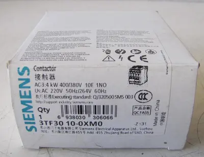Siemens 3TF30 10E 9A Contactor 3 Pole 1 NO Contact 400V with 220V Coil