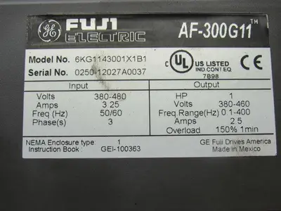 Ge Fuji 6KG1143001X1B1 1HP AC Drive AF-300G11 3PH 380/480 50/60Hz 2.9A