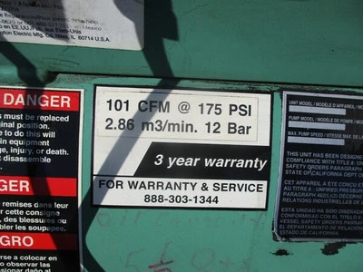 101 cfm @ 175 psi, Speedaire, Reciprocating Compressor, 2.86 m/min, 12-bar, 200 psi @ 650°F, 2013