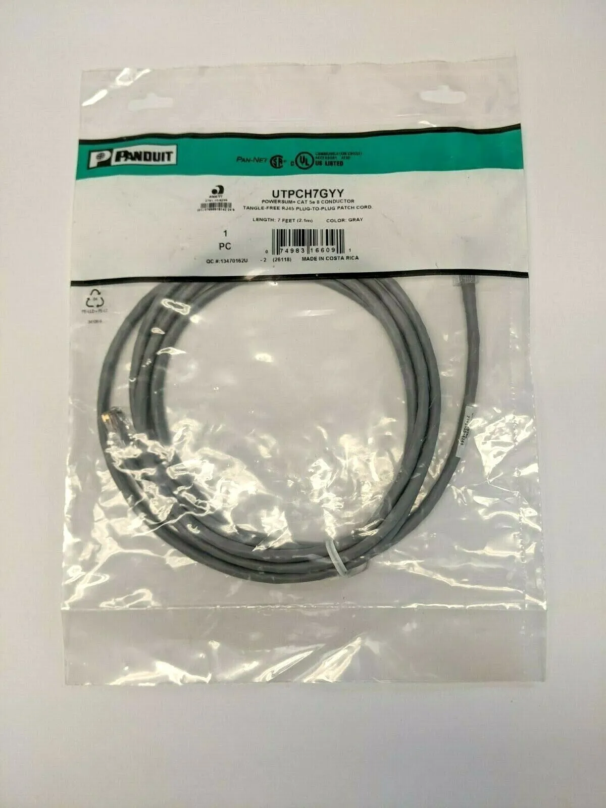 UTPCH7GYY | Panduit  Tangle-Free RJ45 Plug-to-Plug Patch Cord CAT5e - New