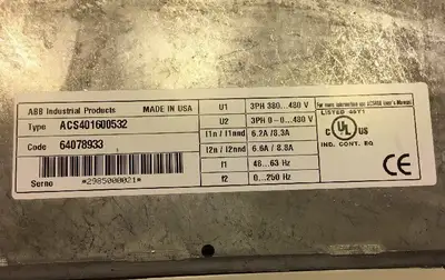 ABB 5HP AC DRIVE ACS401600532 3PH 8.8AMP 380-480VAC 1E