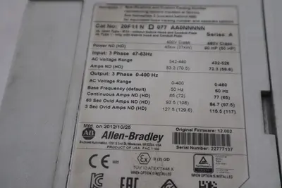 ALLEN BRADLEY 20F11ND077AA0NNNNN SER. A 3 PHASE 47-63Hz - STOCK 3711CC
