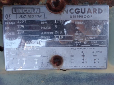 Lincoln 125 hp, 1800 rpm, electric motor