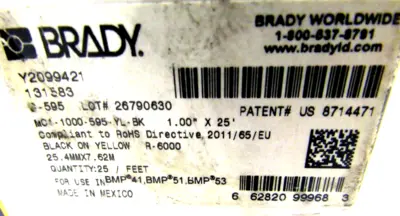 NEW BRADY MC1-1000-595-YL-BK INDOOR OUTDOOR VINYL CARTRIDGE MC11000595YLBK
