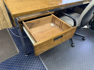 Contents of office furniture, includes (1) steel frame, wood desk, 76" x 38", (2) rolling office cha...
