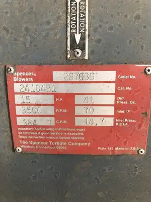 Spencer 24104B1 15HP Multistage Fabricated Centrifugal Blower 364CFM 3500RPM