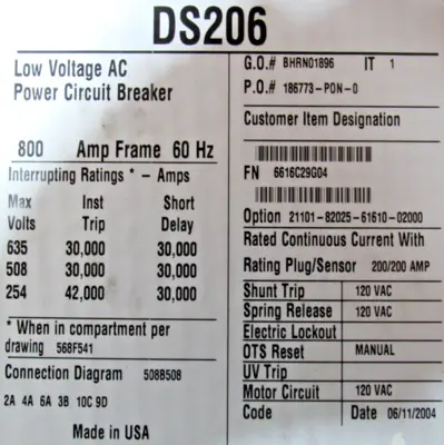 NEW EATON DS206 LOW VOLTAGE AC POWER CIRCUIT BREAKER 800A