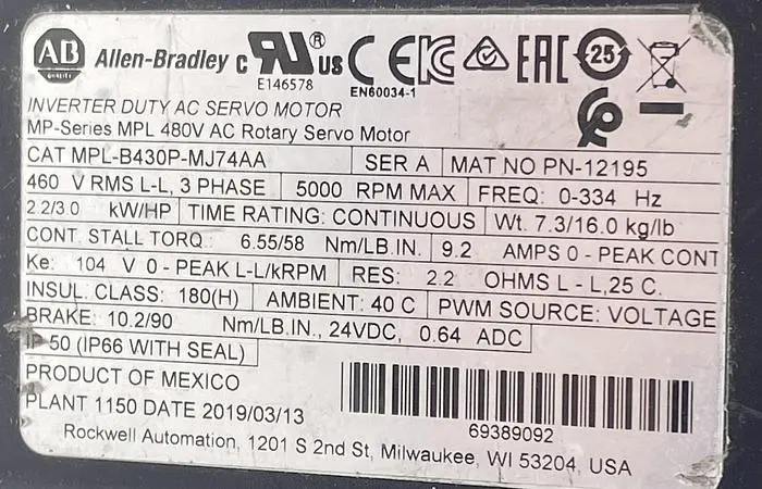 Used ALLEN-BRADLEY ALLEN-BRADLEY MPL-B430P-MJ74AA SER A Servo Motors | ND Industrial Surplus #1216067