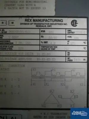 USED Rex Manufacturing 660 KVA Rex Mfg. Isolation Transformer