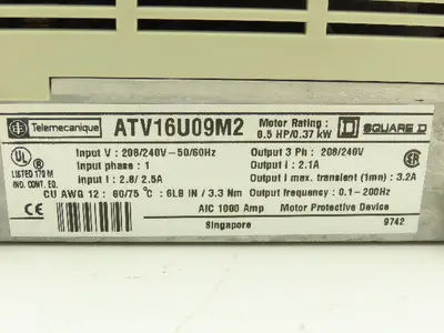 ATV16U09M2 Altivar 16 1PH In 3PH Out 0.5HP 208/240VAC 0.1-200Hz No Front Panel