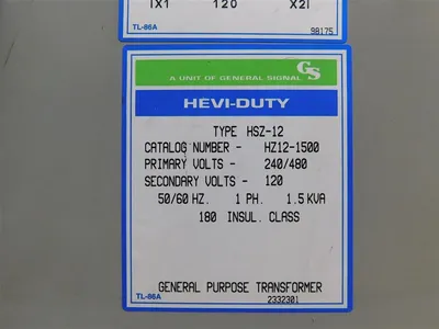 General Signal HZ12-1500 Hevi-Duty Transformer Pri 240/480 Sec 120 1.5 kVA Used